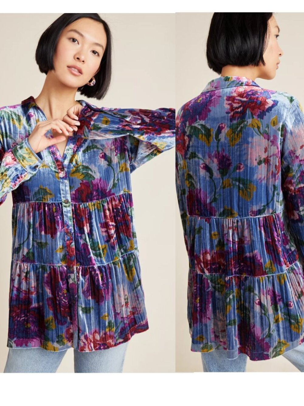 Anthropologie Maeve Reverie Tiered-Velvet Tunic Floral Bohemian Size X-Small